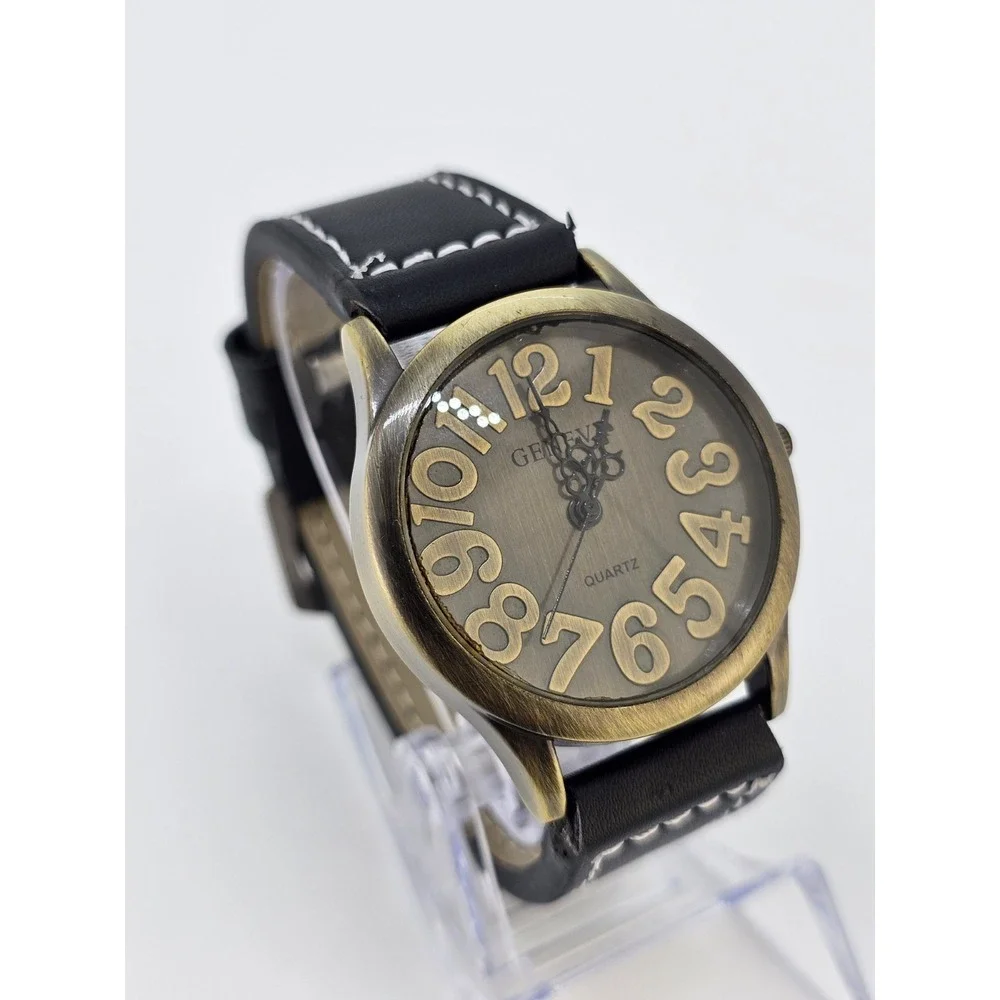 Men Analog Watch 38MM Bronze Dial New Faux Black Leather Bands New Battery READ